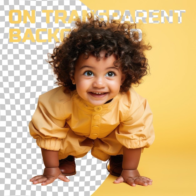 PSD a curious toddler woman with kinky hair from the pacific islander ethnicity dressed in drafter attire poses in a back arch with hands on thighs style against a pastel yellow background