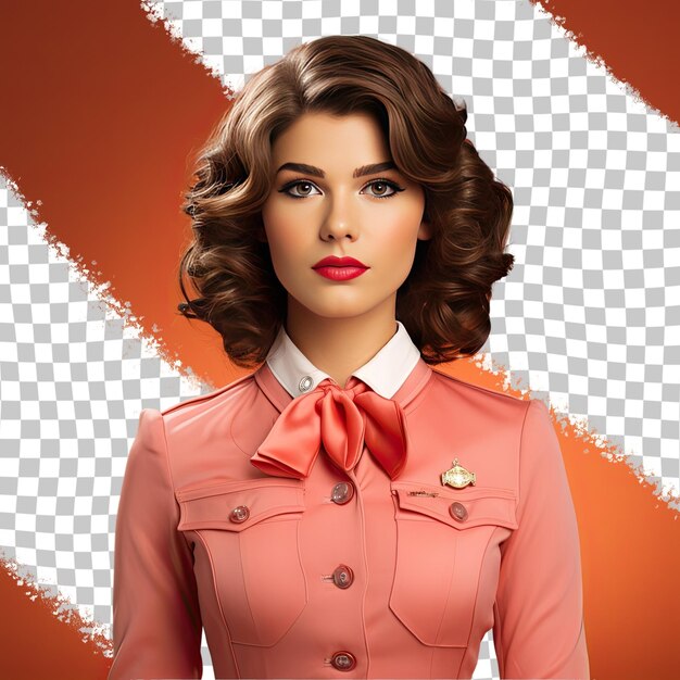 PSD a curious young adult woman with wavy hair from the slavic ethnicity dressed in flight attendant attire poses in a dramatic shadow play style against a pastel coral background