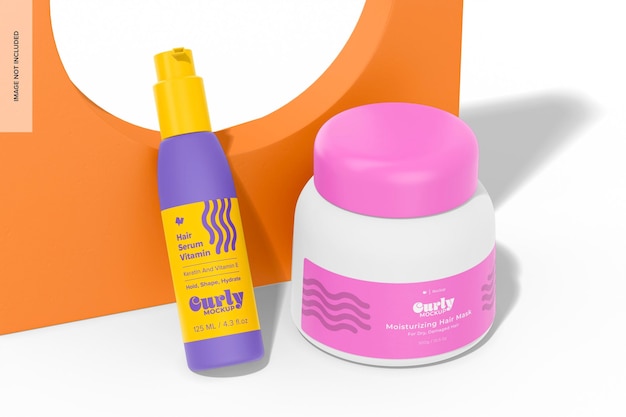 Curly Hair Product Bottles Mockup Leaned