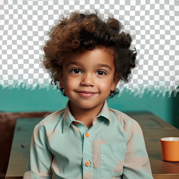 PSD curly haired asian preschool restaurateur poses against turquoise background