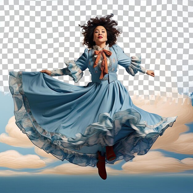巻き毛のモンゴル船長 興奮した中年女性がパステル色の空の青い背景に流れるドレスを着てポーズをとる