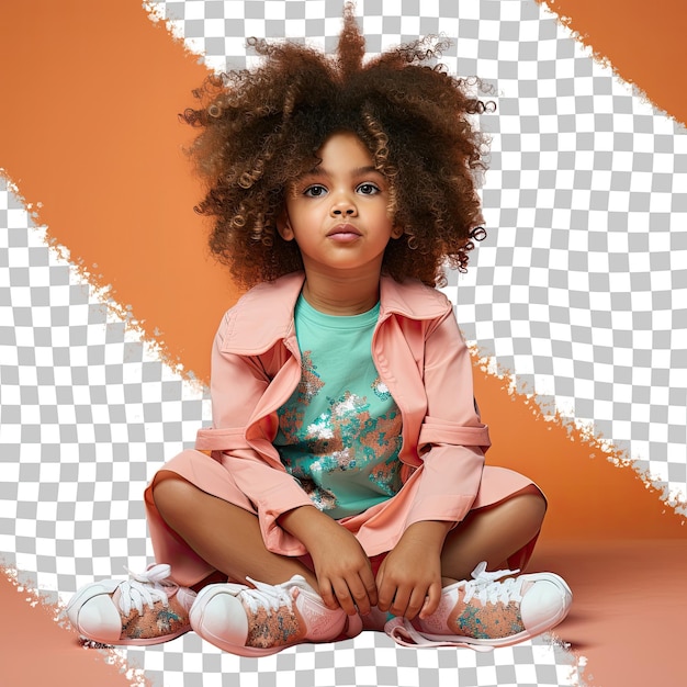 PSD curly haired scandinavian preschooler dancing pose on coral background