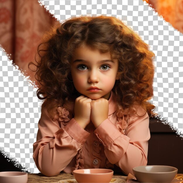 PSD curly haired slavic girl in gourmet chef attire posing with clasped hands in mournful style against pastel apricot backdrop