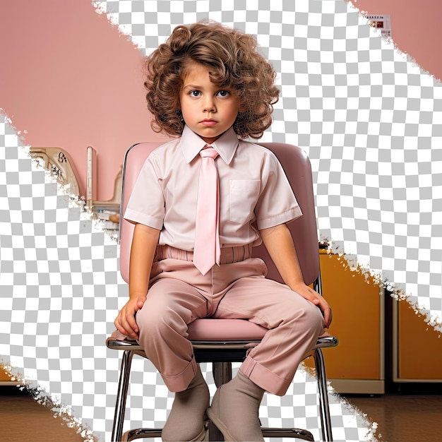 PSD preschooler slavo dai capelli ricci guilt cashier style full length pose with chair prop on pastel peach