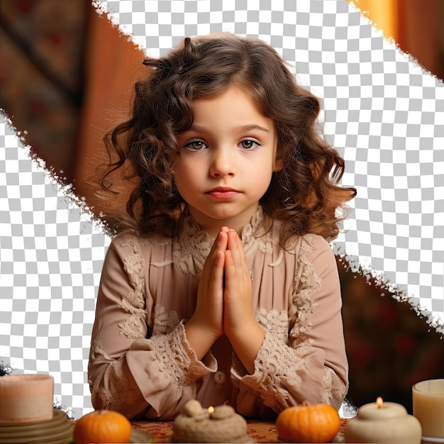 Кудрявый славянский дошкольник в гурманской одежде позирует на пастельном абрикосовом фоне в скорбной сидячей позе