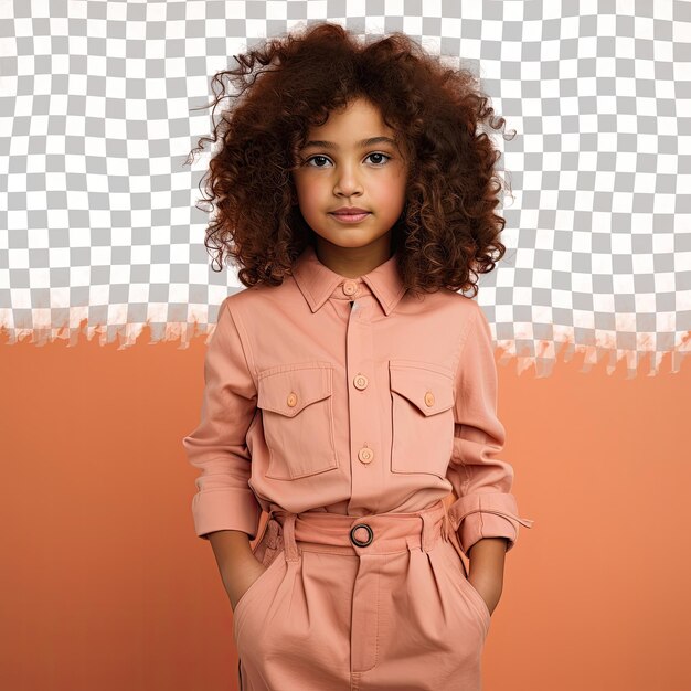 PSD curly haired uralic child microbiologist in relaxed stance with pockets against pastel coral background