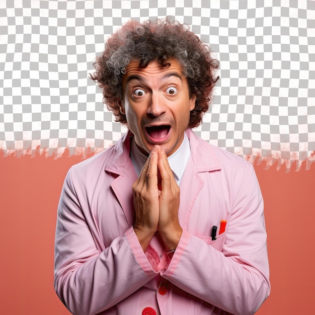PSD curly haired uralic scientist indifferently laughing against coral background