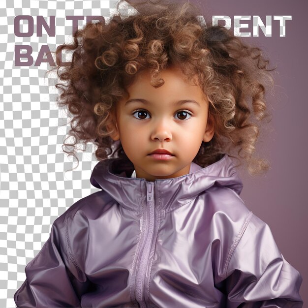 PSD curly haired uralic toddler athlete poes in tilted stance op pastel lilac