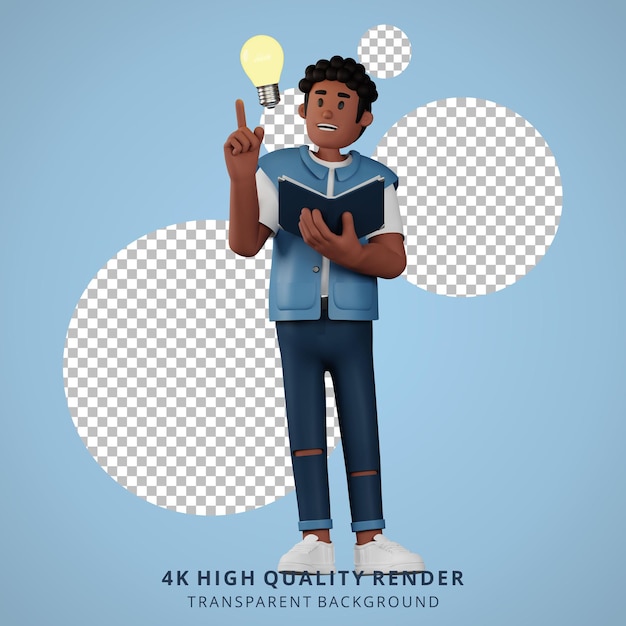 PSD curly haired young man carrying a book and coming up with an idea 3d character illustration