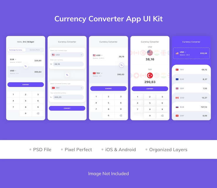 PSD currency converter app ui kit
