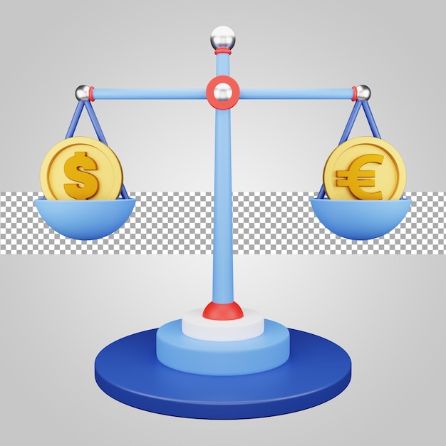Currency dollar euro balance scale on transparent background 3D render