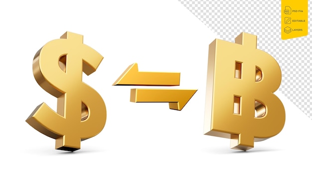 Currency exchange Dollar and Baht gold coin money sign or symbol financial concept 3D illustration