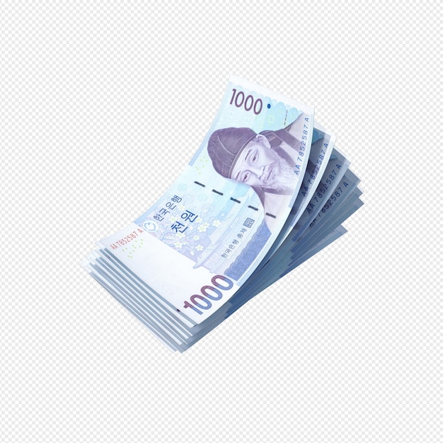PSD Валюта кореи, пачка различных видов бумажной валюты, выигранная корейскими деньгами