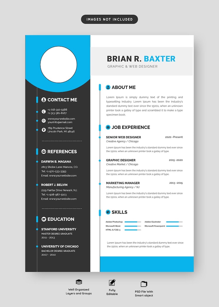 PSD curriculum vita cv template with photo space clean and modern resume portfolio or job placement
