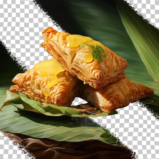 PSD curry puff on banana leaves on transparent background