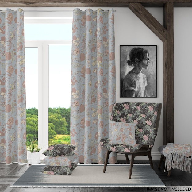 PSD curtains armchair and throw pillows