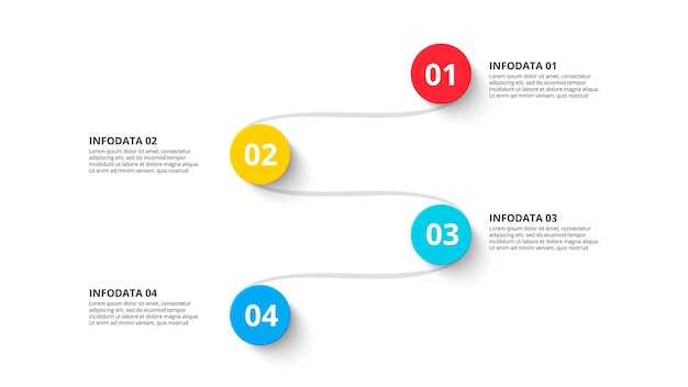 PSD Изогнутая линия с 4 кругами инфографика бизнес-процессов с четырьмя шагами