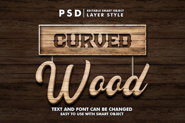 Curved wood 3d realistic text effect premium psd with smart object