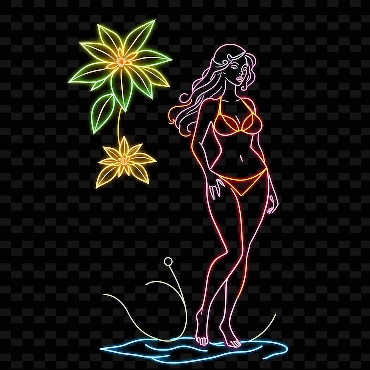 PSD curvy woman in bikini neon art nouveau art design with natural colors theme decorated with flowin