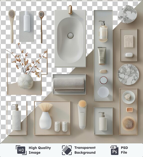 PSD custom luxury bathroom design and accessories set displayed on a white wall featuring a round white plate a white vase and a silver spoon