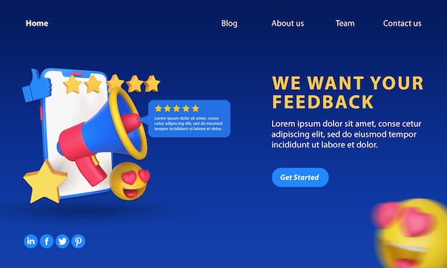 PSD banner della pagina di destinazione 3d del feedback dei clienti