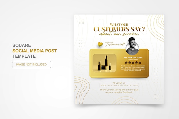 Modello di banner web per post sui social media con testimonianza d'oro del feedback dei clienti