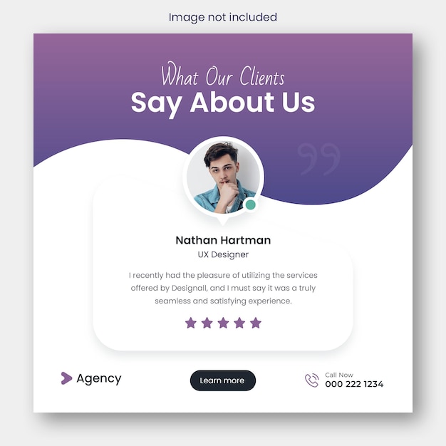 PSD クライアントのフィードバックの証言ウェブバナー ui uxデザインとソーシャルメディアポストスクエアテンプレート