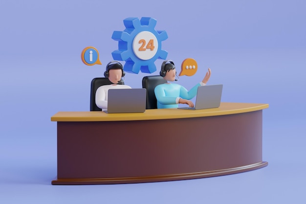Customer service 3D Illustration hotline operators consult customers with headsets on computers