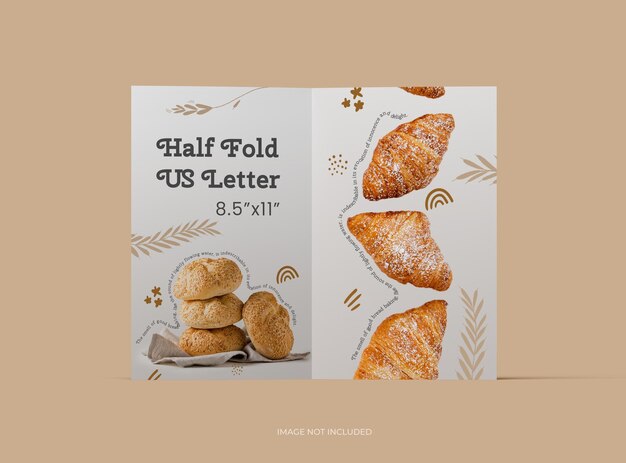 PSD 사용자 정의 할 수 있는 half fold 85x11 문자 브로셔 모 ⁇ 으로 디자인 3d 렌더링을 제시합니다.