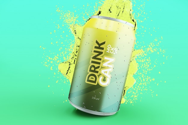 Customizable premium quality soda drink can with water splash mockups