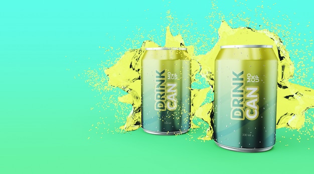 Customizable premium quality Soda drink can with water splash mockups