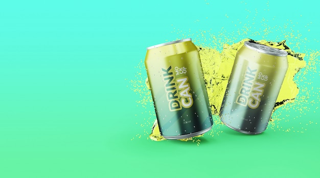 Customizable premium quality soda drink can with water splash mockups