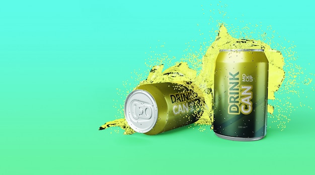 Customizable premium quality soda drink can with water splash mockups