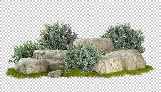 PSD ステップ ロック 3 d レンダリング イラスト背景と園芸低木植物の位置を切り取る