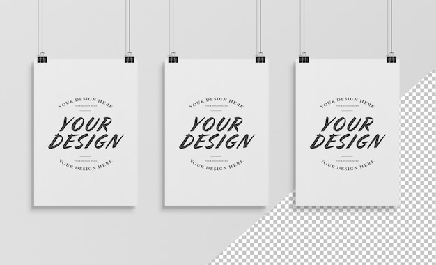 PSD cut out hanging poster with clips mockup