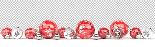 PSD cut out isolated red and glass christmas baubles lined up