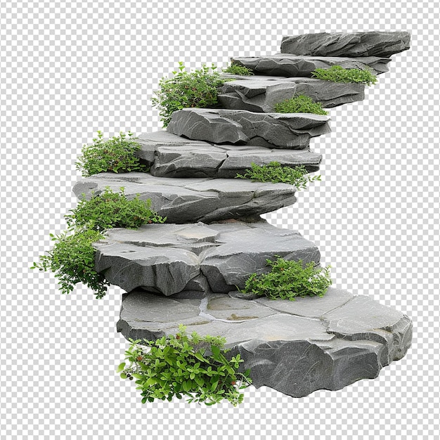 PSD cut out stairs made of large stone steps staircase lined with green plants isolated on transparent