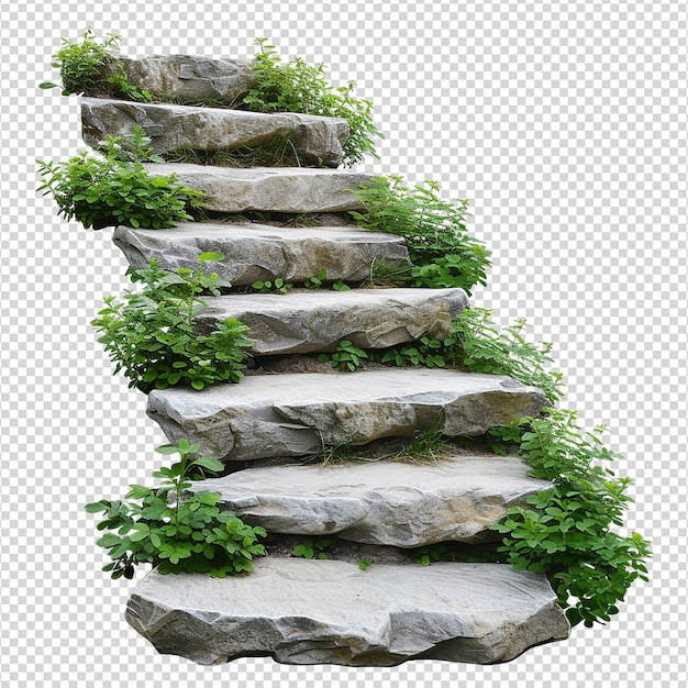 PSD cut out stairs made of large stone steps staircase lined with green plants isolated on transparent