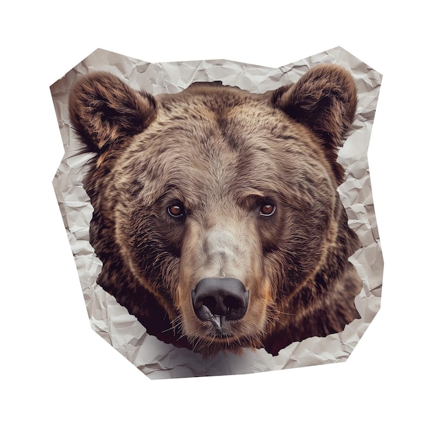 Cut out sticker head of bear on crumpled paper