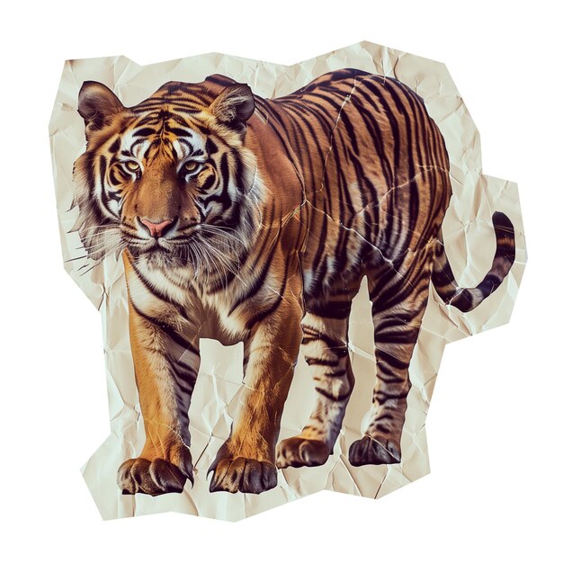 PSD cut out sticker of a tiger on crumpled paper