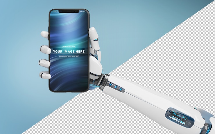PSD cut out white robot hand holding modern smartphone mockup
