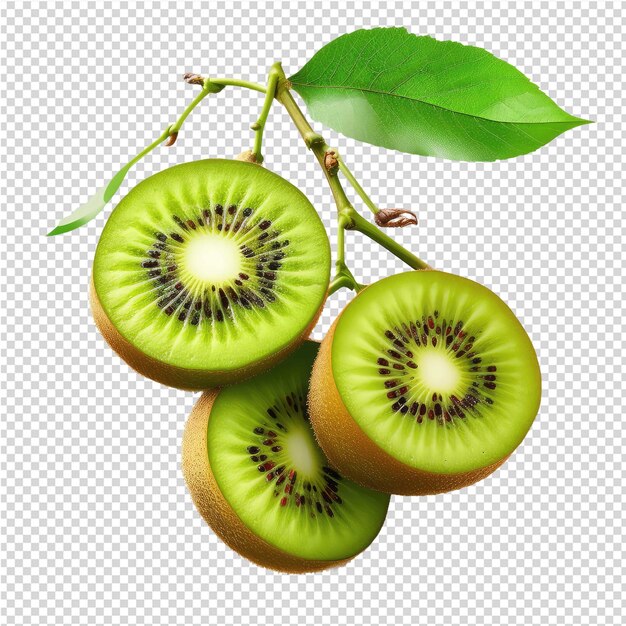 A cut up green kiwi fruit with a green leaf