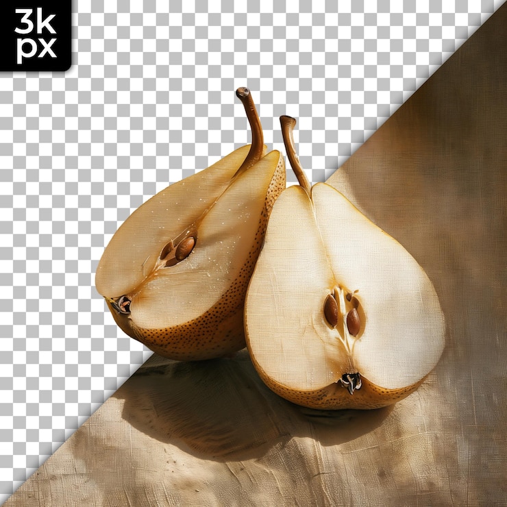 PSD a cut up of a sliced pear with a black and white background