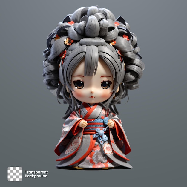 PSD cute 3d cartoon character of a japanese girl wearing a kimono