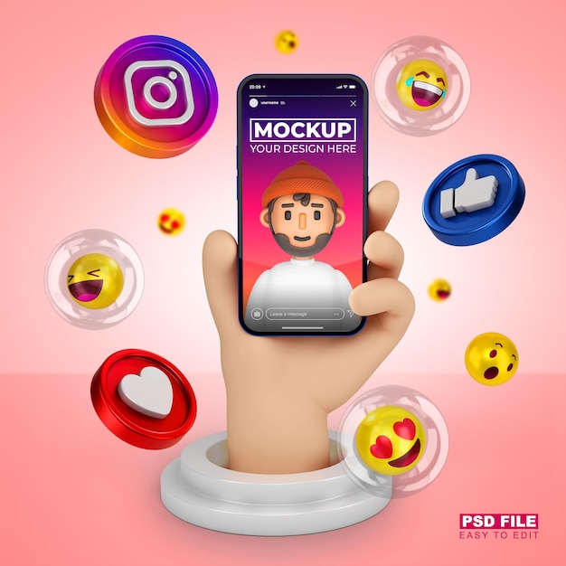 Cute 3d cartoon hand with smartphone 3d rendering mockup