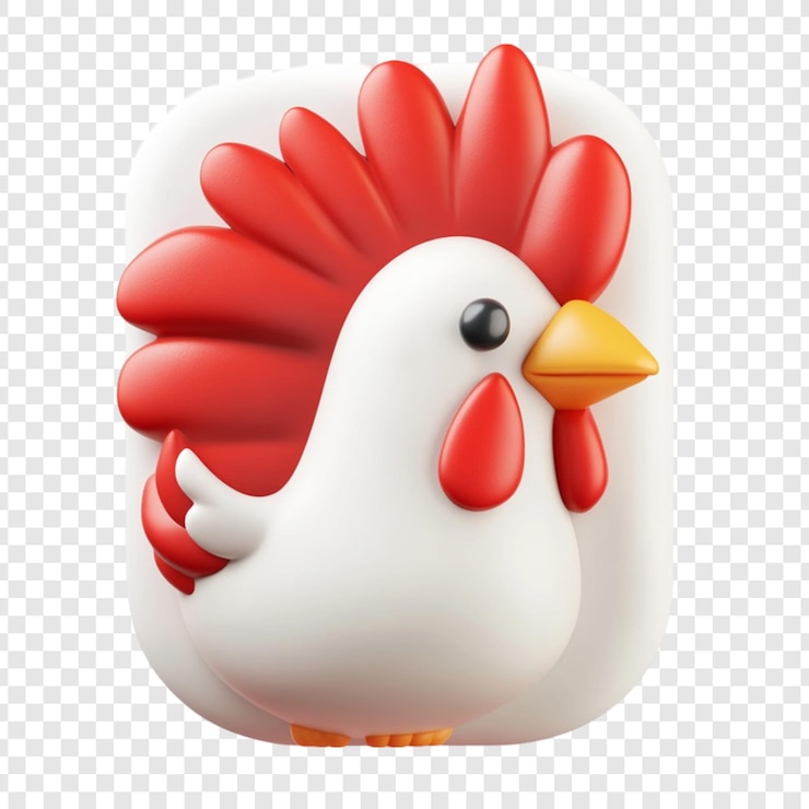 PSD cute 3d cartoon rooster icon design red comb white body yellow beak on square background digital art illustration
