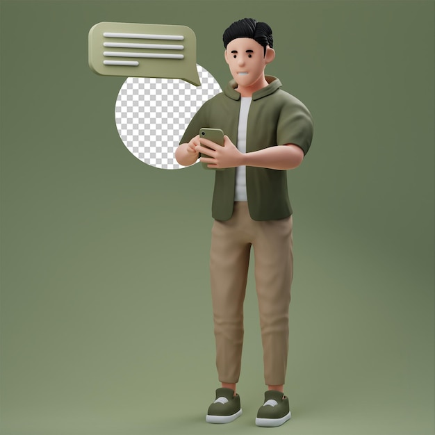 Cute 3d character man chatting use handphone, for inform some news