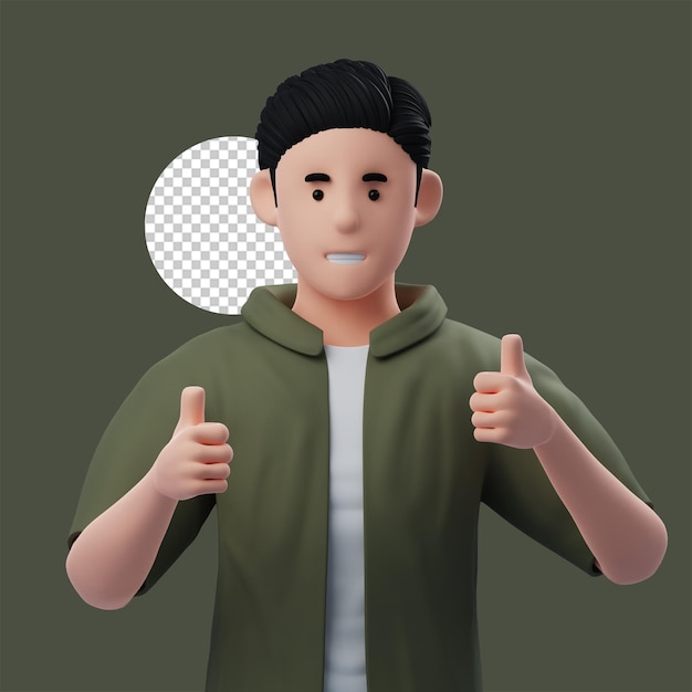 Cute 3d character man double thumb up gesture, saying something really good