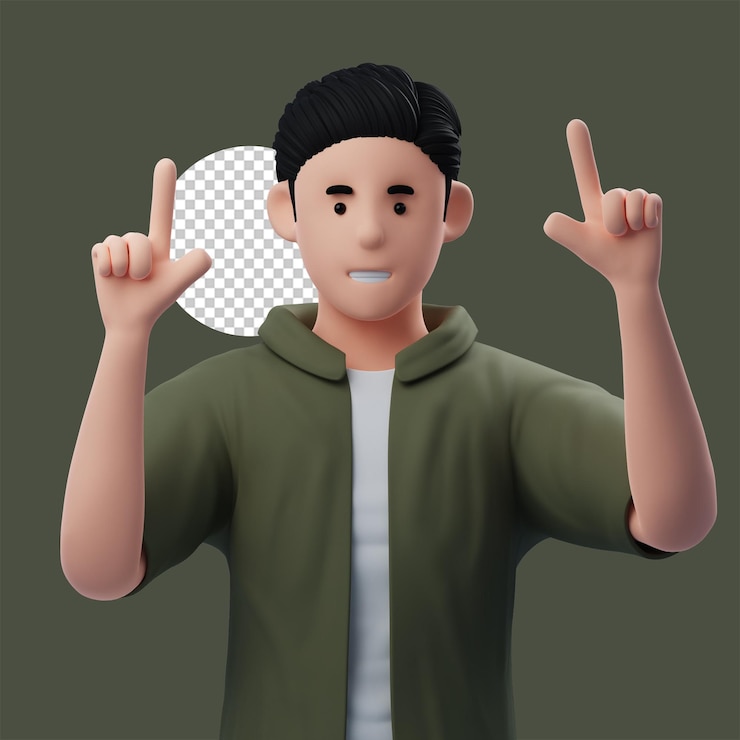 PSD cute 3d character man pointing at the top of his head for promoting business