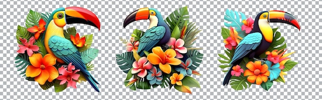 PSD cute 3d floral bird sublimation toucans isolated on transparent background